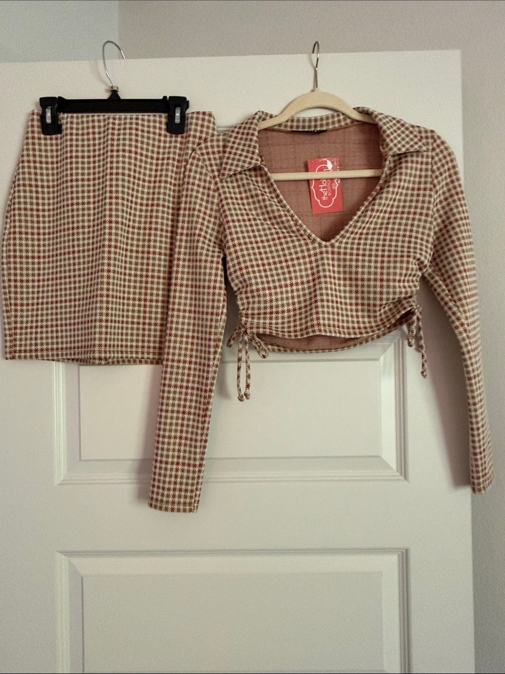 Blue Blush Brown & White Plaid Cropped V-Neck Skirt Set